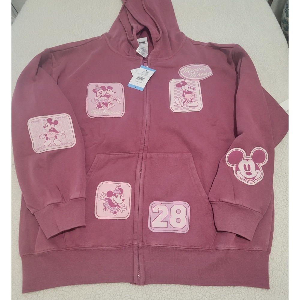 Disney Mickey Friends Women Multi Patch Christmas Holiday Red Full Zip Hoodie L